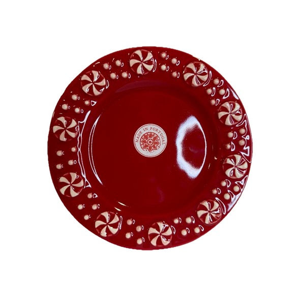 Made In Portugal Red Peppermint Candy Salad Plates 8.5in Set of 4 Ceramic New